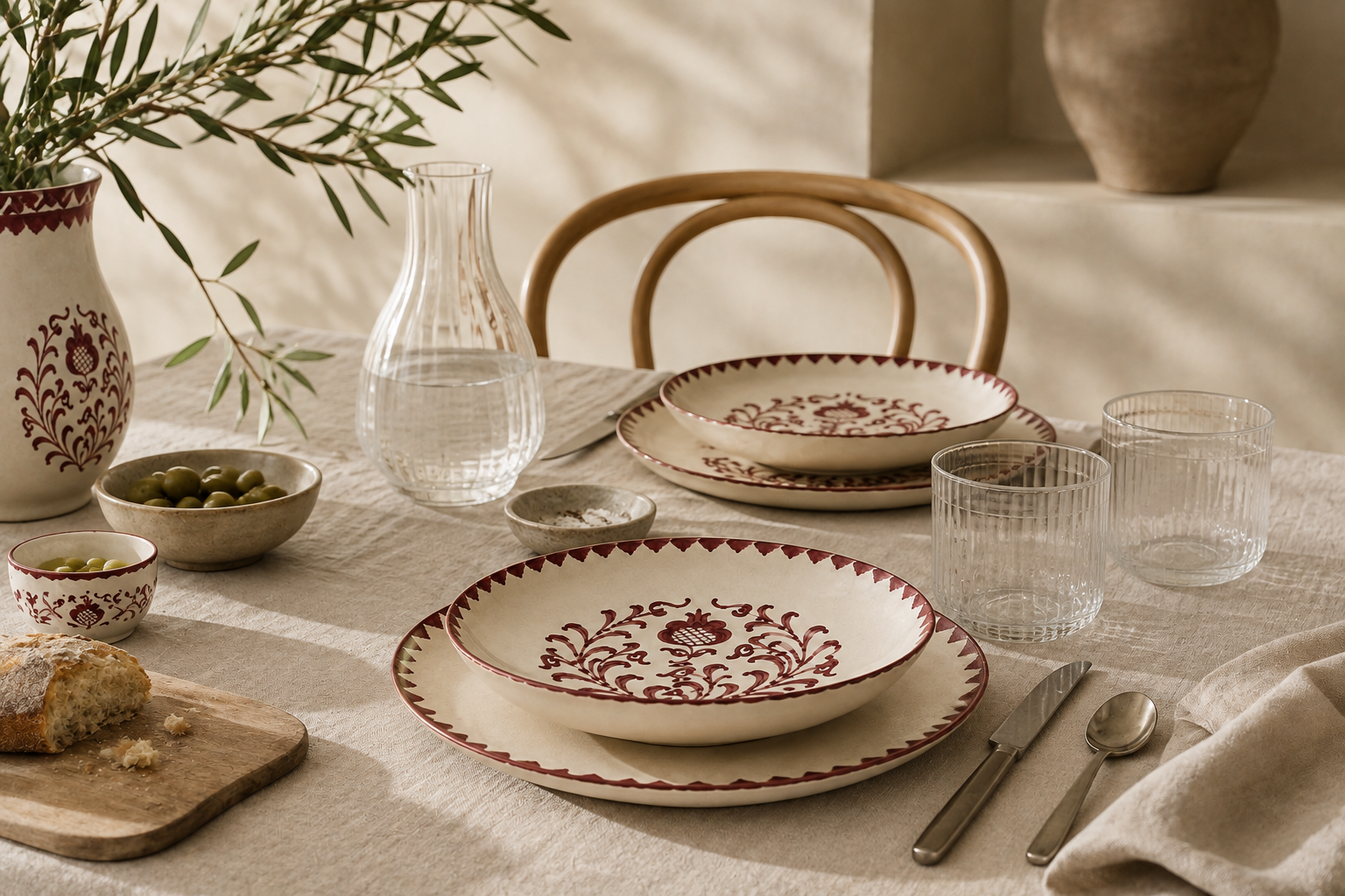 Zonnige mediterrane tafel met handgemaakt servies